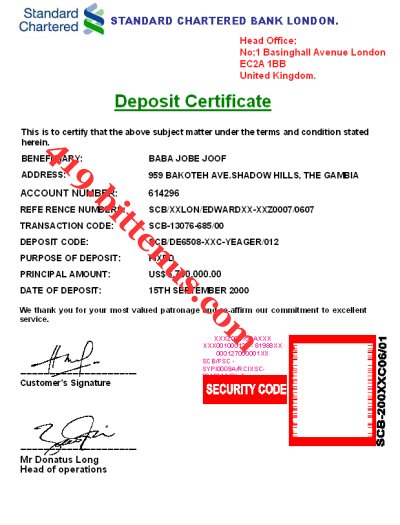 Deposit Certificate SCB